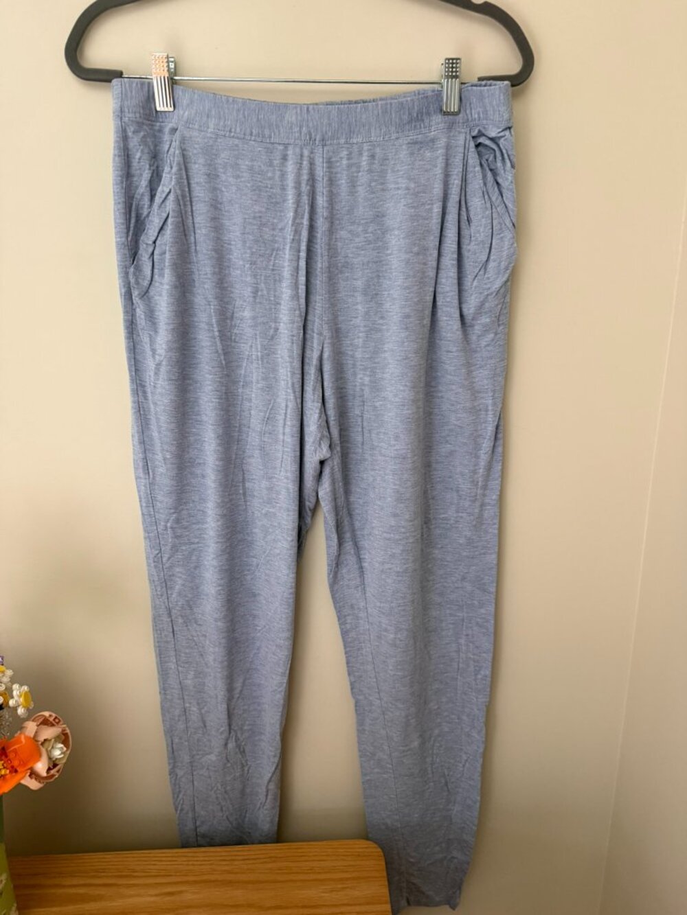 Natori Lounge PJ Set Heathered Blue Grey Lace Trim Top M + Pants L